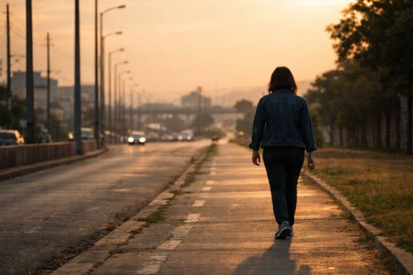 Pessoa caminhando sozinha em rua ao entardecer