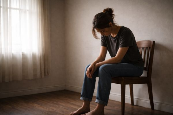 Pessoa sentada sozinha em ambiente simples, com expressão pensativa e introspectiva.