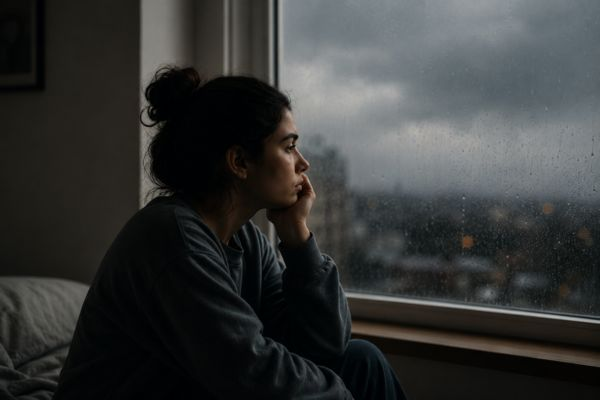 Mulher observando a chuva pela janela em momento de introspecção emocional
