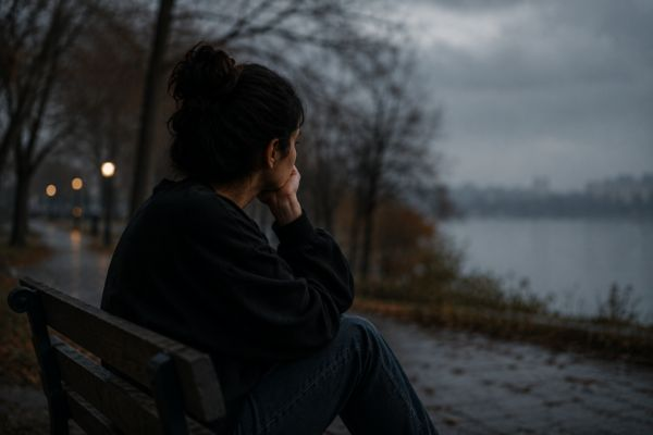 Pessoa sentada sozinha diante do lago em momento de isolamento emocional